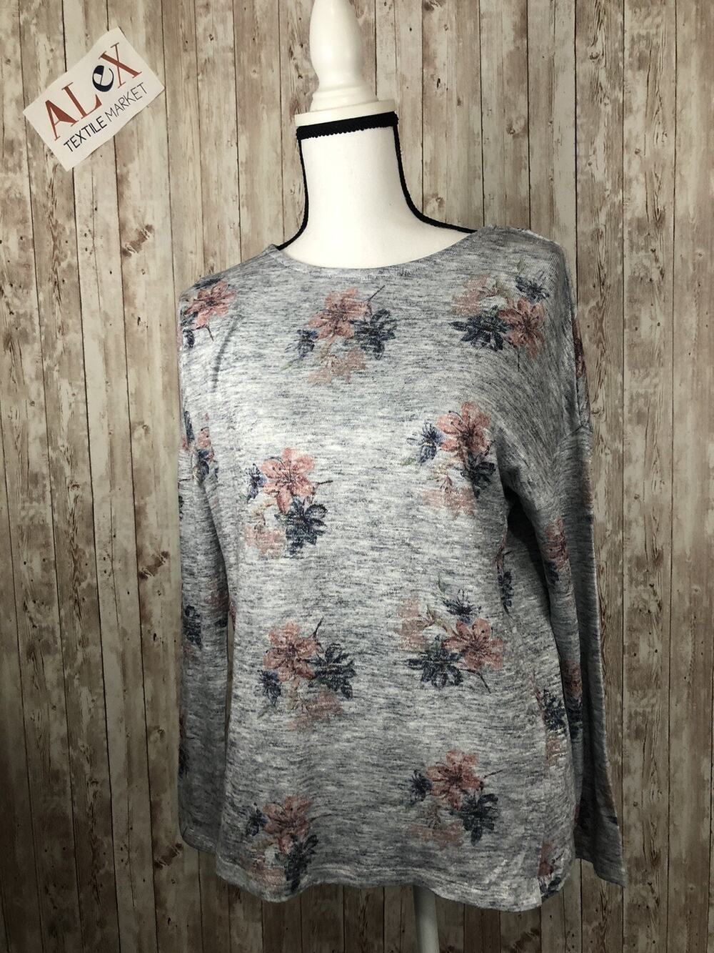 Tu Sweater Womens 10 Gray Floral Pullover Sweatshirt Lightweight Top N97